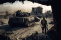 Broken tanks during war, soldier walking on battlefield, generative AI