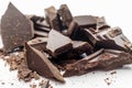 Broken to pieces dark chocolate, crushed and powder pieces Royalty Free Stock Photo