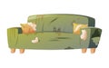Broken, torn and dirty home green sofa. Damaged furniture for the interior of the living room. Vector isolated cartoon