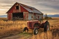 broken tractor near old barn in rural landscape