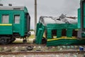 Broken train for training at the training ground of the Noginsk Rescue Center. Town of Noginsk, Moscow region, Russia