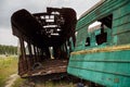 Broken train for training at the training ground of the Noginsk Rescue Center. Town of Noginsk, Moscow region, Russia