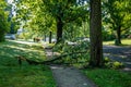 A broken tree branch seen blocking the sidewalk after a severe storm Royalty Free Stock Photo
