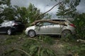 Broken tree fallen on top of parking car Royalty Free Stock Photo