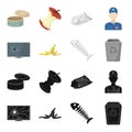 Broken TV monitor, banana peel, fish skeleton, garbage bin. Garbage and trash set collection icons in black,cartoon Royalty Free Stock Photo