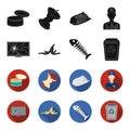 Broken TV monitor, banana peel, fish skeleton, garbage bin. Garbage and trash set collection icons in black,flet style