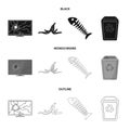 Broken TV monitor, banana peel, fish skeleton, garbage bin. Garbage and trash set collection icons in black,monochrome Royalty Free Stock Photo