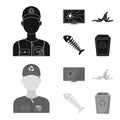 Broken TV monitor, banana peel, fish skeleton, garbage bin. Garbage and trash set collection icons in black,monochrome Royalty Free Stock Photo