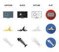 Broken TV monitor, banana peel, fish skeleton, garbage bin. Garbage and trash set collection icons in cartoon,black Royalty Free Stock Photo