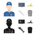 Broken TV monitor, banana peel, fish skeleton, garbage bin. Garbage and trash set collection icons in cartoon,black Royalty Free Stock Photo