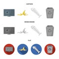 Broken TV monitor, banana peel, fish skeleton, garbage bin. Garbage and trash set collection icons in cartoon,flat Royalty Free Stock Photo