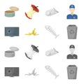 Broken TV monitor, banana peel, fish skeleton, garbage bin. Garbage and trash set collection icons in cartoon,monochrome Royalty Free Stock Photo