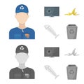 Broken TV monitor, banana peel, fish skeleton, garbage bin. Garbage and trash set collection icons in cartoon,monochrome Royalty Free Stock Photo