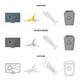 Broken TV monitor, banana peel, fish skeleton, garbage bin. Garbage and trash set collection icons in cartoon,outline Royalty Free Stock Photo