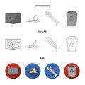 Broken TV monitor, banana peel, fish skeleton, garbage bin. Garbage and trash set collection icons in flat,outline Royalty Free Stock Photo