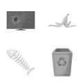 Broken TV monitor, banana peel, fish skeleton, garbage bin. Garbage and trash set collection icons in monochrome style Royalty Free Stock Photo