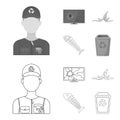 Broken TV monitor, banana peel, fish skeleton, garbage bin. Garbage and trash set collection icons in outline,monochrome Royalty Free Stock Photo