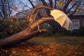 broken umbrella caught in a tree branch after a storm