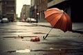 Broken Umbrella Discarded On Deserted, Rainy Street. Generative AI Royalty Free Stock Photo