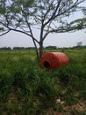 Broken unused water torrent in the grass field