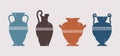 Broken vase silhouettes set. Different cracked ancient greek amphoras with meander pattern. Various forms and shapes of