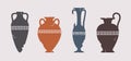 Broken vase silhouettes set. Different cracked ancient greek amphoras with meander pattern. Various forms and shapes of