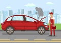 Broken Vehicle on Road Flat Vector Illustration