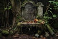 a broken, weathered gravestone in a forgotten corner of a cemetery