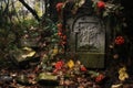 a broken, weathered gravestone in a forgotten corner of a cemetery