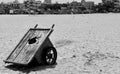 Broken wheelbarrow in beach, abandoned, black and white image, street kiosk, Chennai, TamilNadu, India