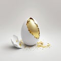 Broken white Easter egg with golden part inside. Generative AI Royalty Free Stock Photo