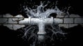 Broken White Pipe Bursting with Water Against Cracked Brick Wall Royalty Free Stock Photo