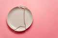Broken white plate on pink background, concept visual