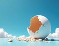 Broken white sphere rests on white stones against bright blue sky with clouds. Interior of sphere visible, cracked. Concept of Royalty Free Stock Photo