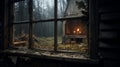 Eerie Window View: Dark Forest With Candle In Decaying Landscape