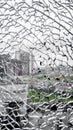 broken window glass closeup. view from broken window. shattered window glass. Cracked window glass Royalty Free Stock Photo