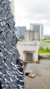 broken window glass closeup. view from broken window. shattered window glass. Cracked window glass Royalty Free Stock Photo