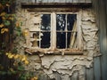 A broken window in the wall of a dilapidated and abandoned house. Royalty Free Stock Photo