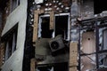 Broken windows in residential buildings in the city of Bucha in the Kyiv region after the Invasion of Russia in Ukraine