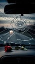 Broken windshield, red rose on dashboard, symbolizing alcohol consequence, driving under influence, a tragic result Royalty Free Stock Photo