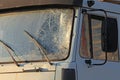 Broken windshield of a truck lorry. Accident and traffic accident