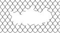 Broken wire mesh fence. Rabitz or chain link fence with cut hole. Torn wire pirson mesh texture. Cut metal lattice grid