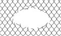 Broken wire mesh fence. Rabitz or chain link fence with cut hole. Torn wire pirson mesh texture. Cut metal lattice grid