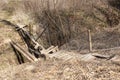 Broken wooden bridge across the river Russia Royalty Free Stock Photo