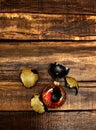 Broken Xmas ball with glass shards on wooden table Royalty Free Stock Photo