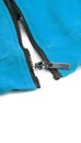 Broken zipper on blue shirt jacket. Detail close-up photo. Vertical frame Royalty Free Stock Photo