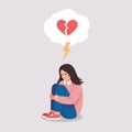 Brokenhearted girl suffers by symptoms of depressive disorder. Vector illustration about mental problems in flat style.