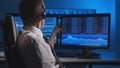 Broker works in office using workstation and analysis technology. Workplace of professional trader. Global financial Royalty Free Stock Photo
