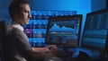 Broker works in office using workstation and analysis technology. Workplace of professional trader. Global financial Royalty Free Stock Photo