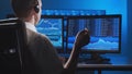 Broker works in office using workstation and analysis technology. Workplace of professional trader. Global financial Royalty Free Stock Photo